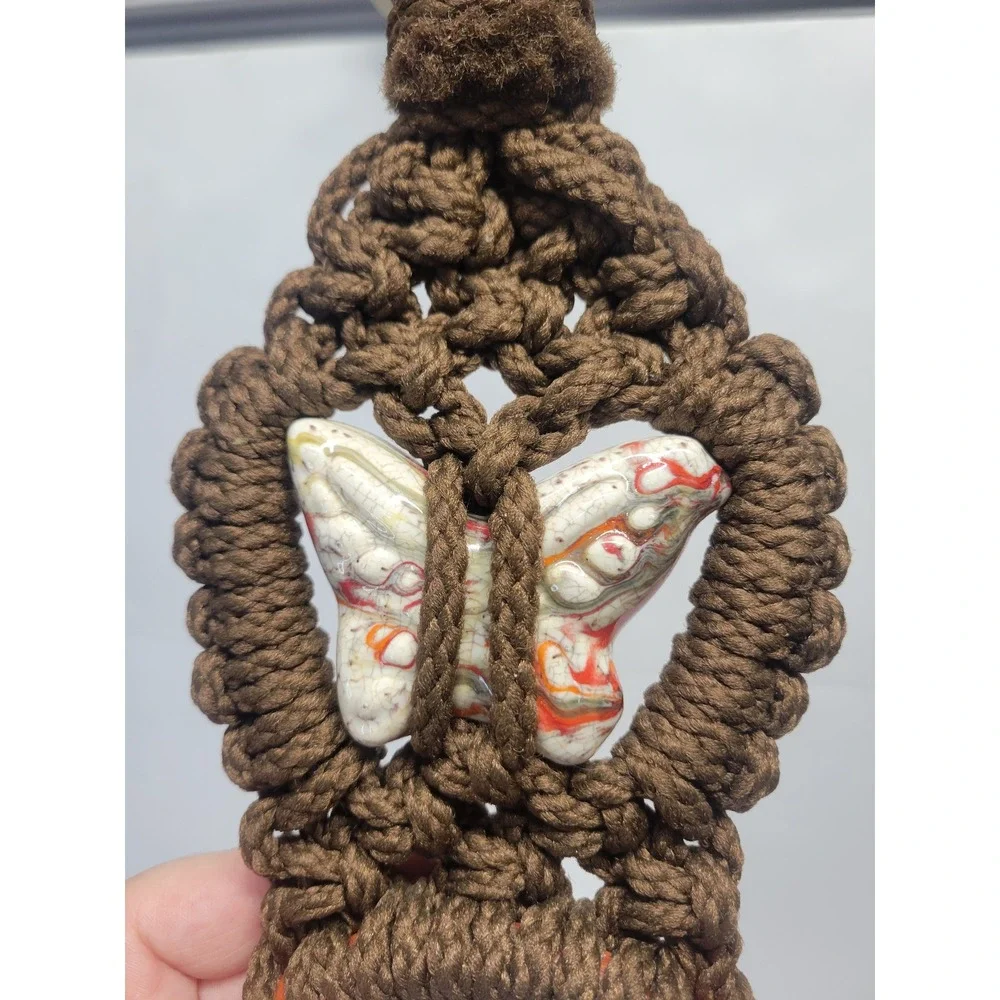 Vintage Macrame Butterfly Towel Holder Brown Orange Ceramic Retro Boho 70s Decor